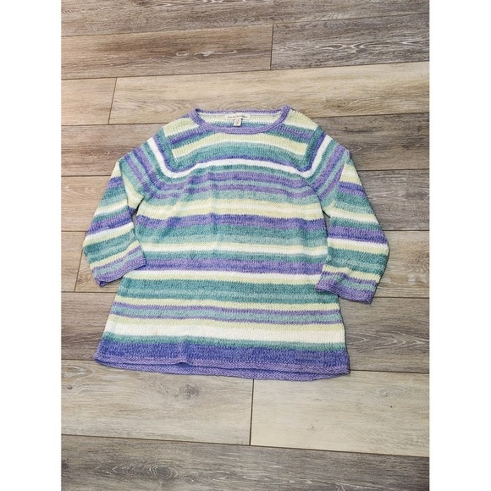 David Brooks scoop neck Striped 3/4 sleeve purple/blue sweater top size Large